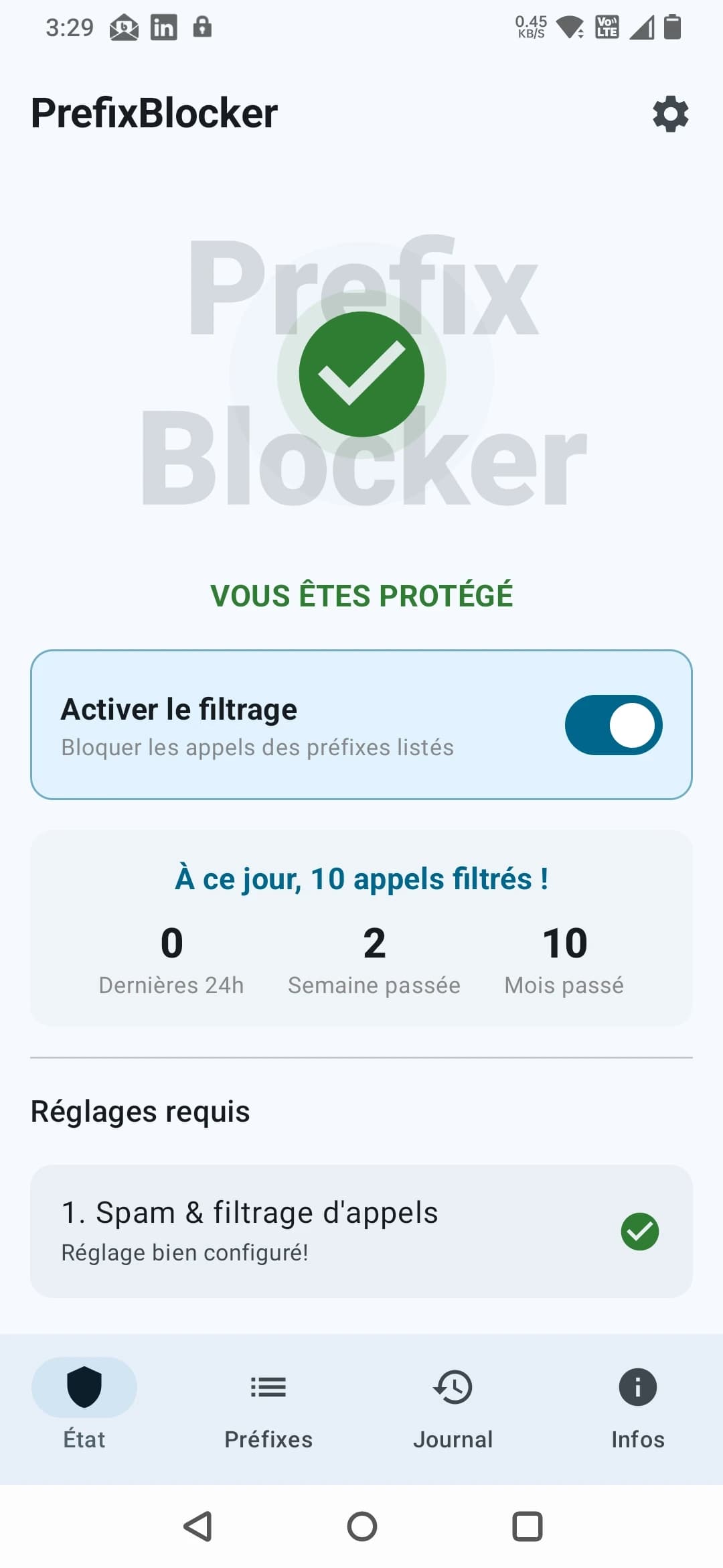 Écran d'état indiquant que PrefixBlocker protège le téléphone et que le filtrage est activé