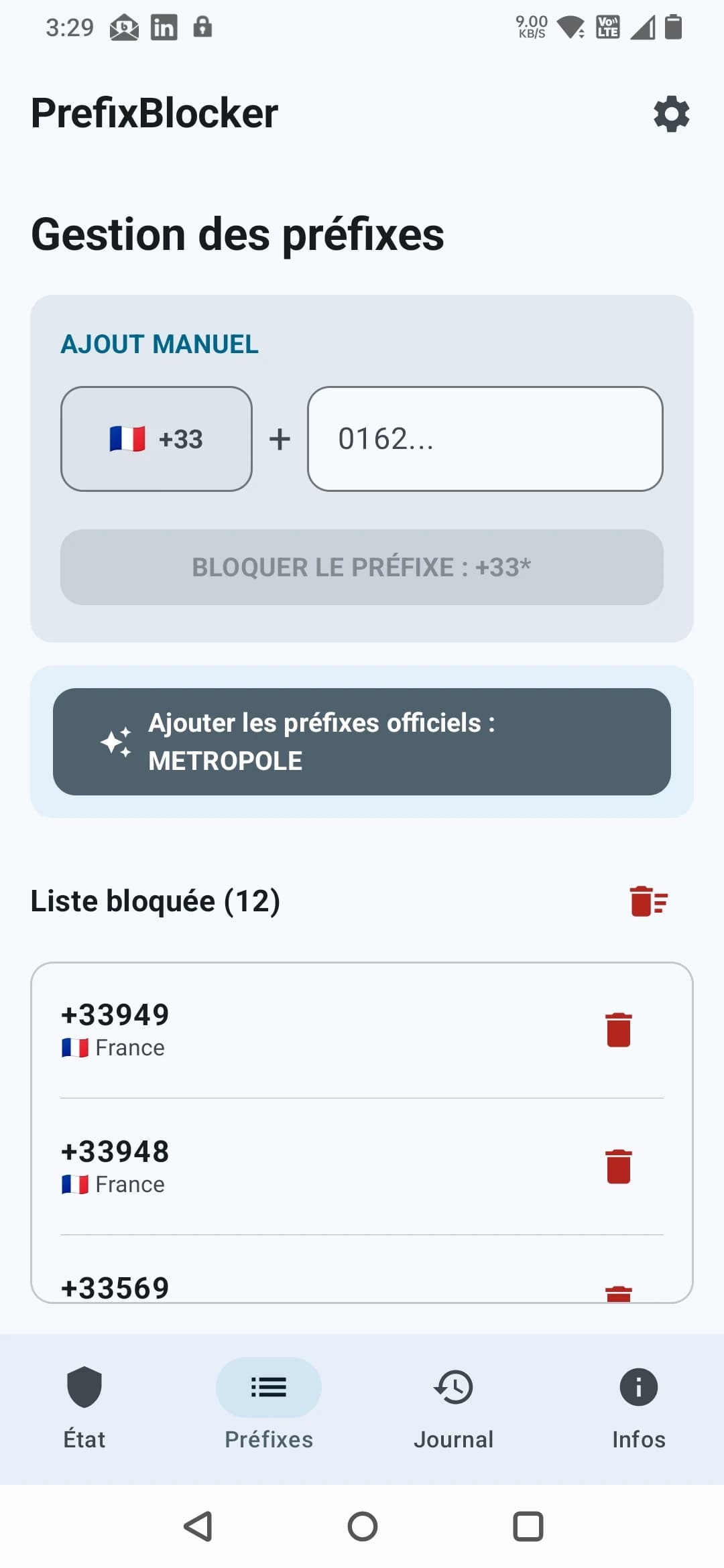 Écran de gestion permettant d'ajouter et de supprimer des préfixes bloqués