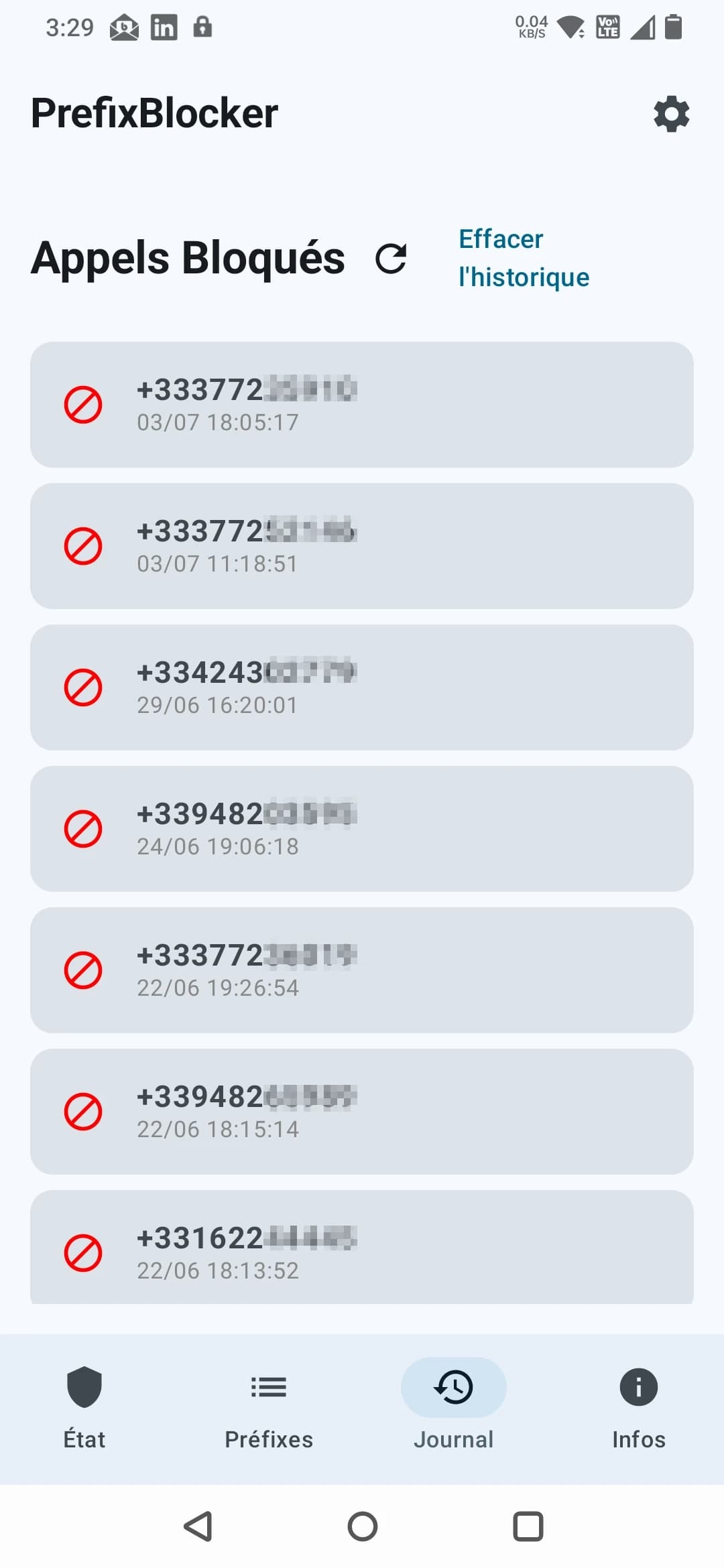 Journal des appels bloqués par PrefixBlocker avec leur date et leur heure