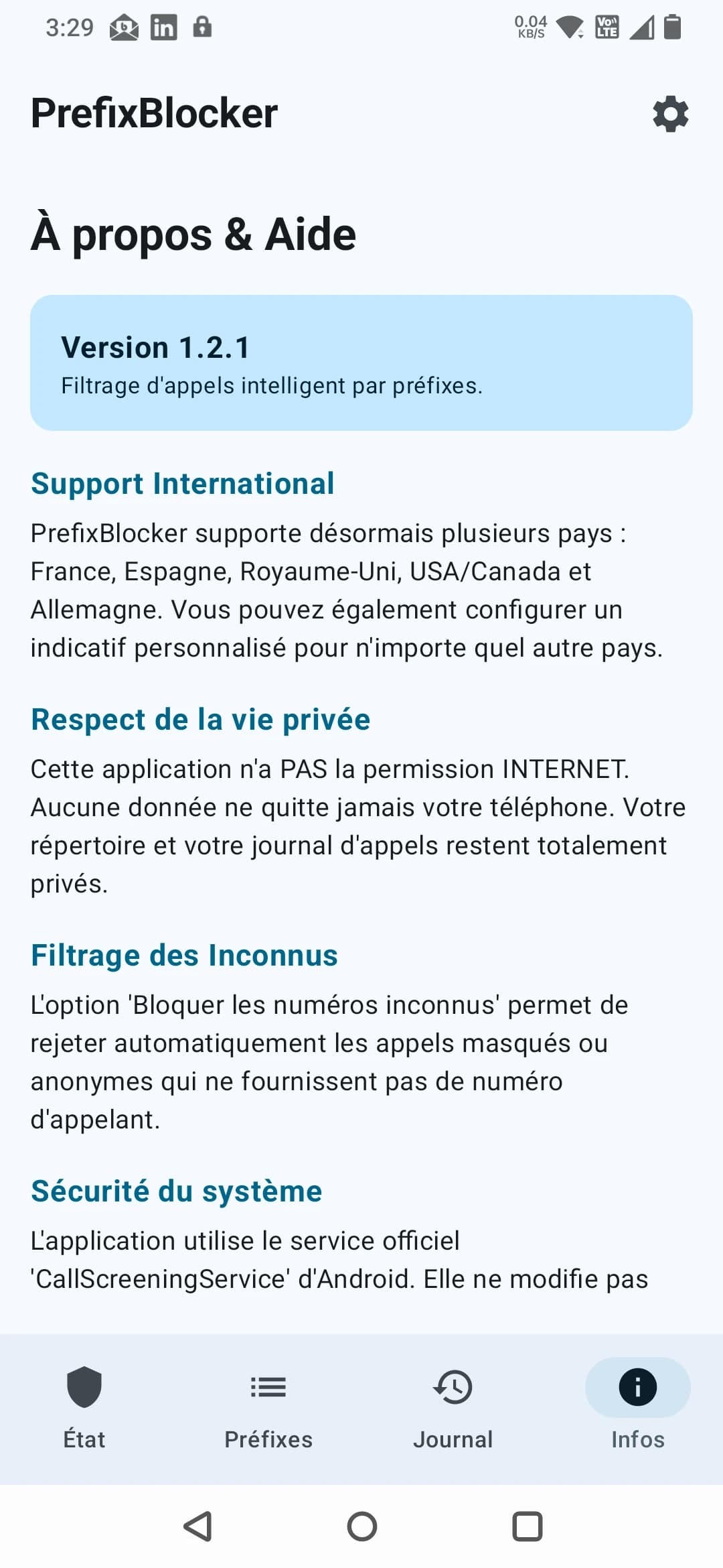 Écran À propos et aide présentant la version, la confidentialité et le fonctionnement de PrefixBlocker