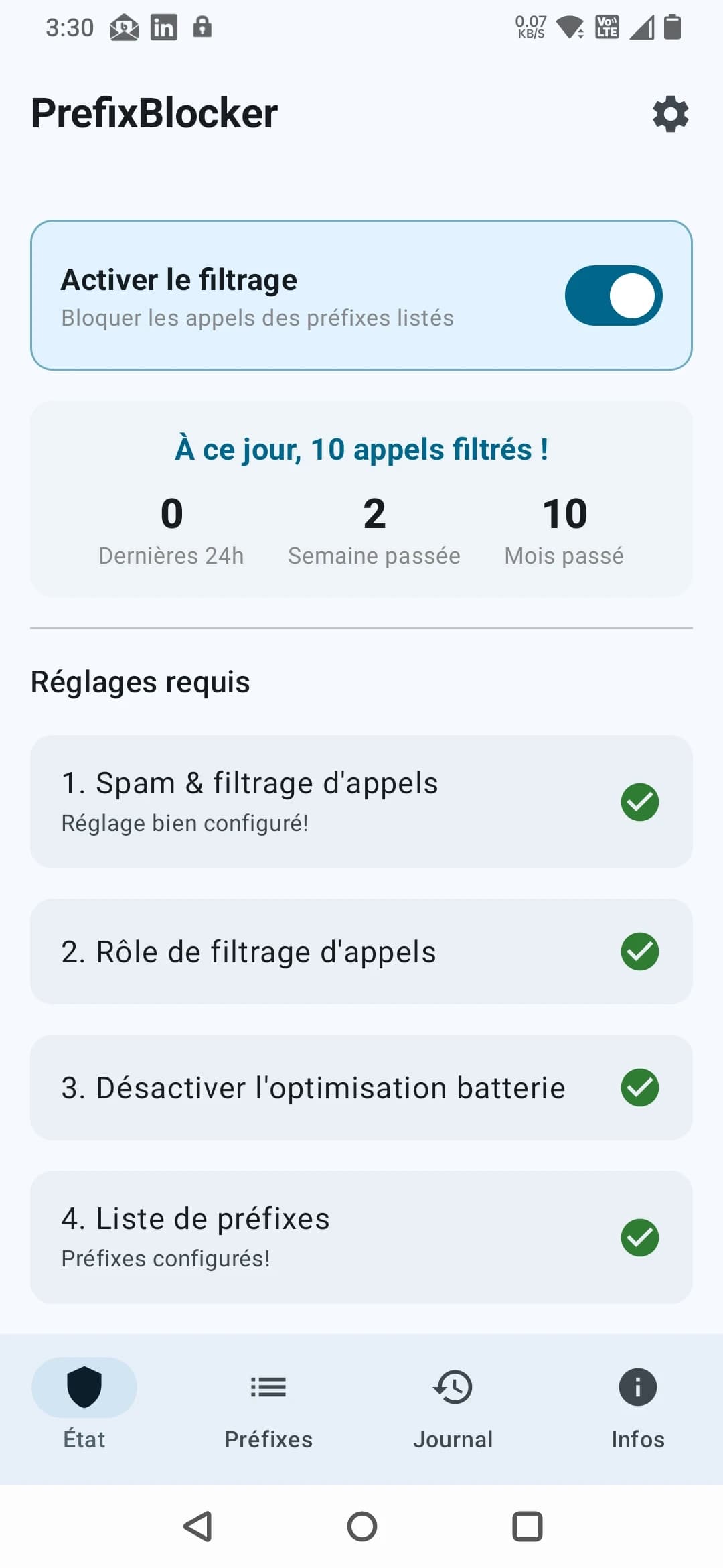 Écran d'état listant les quatre réglages requis correctement configurés