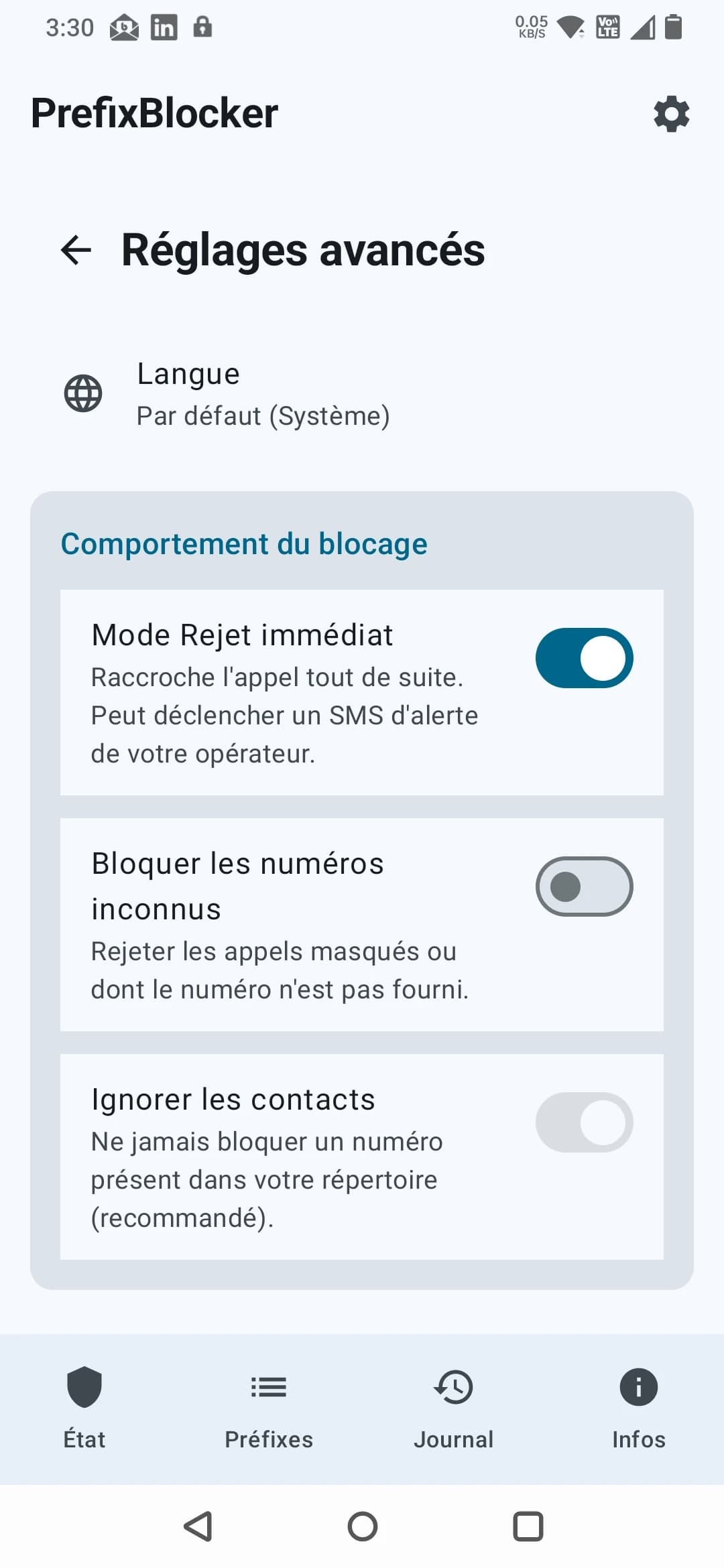 Réglages avancés du comportement du blocage des appels