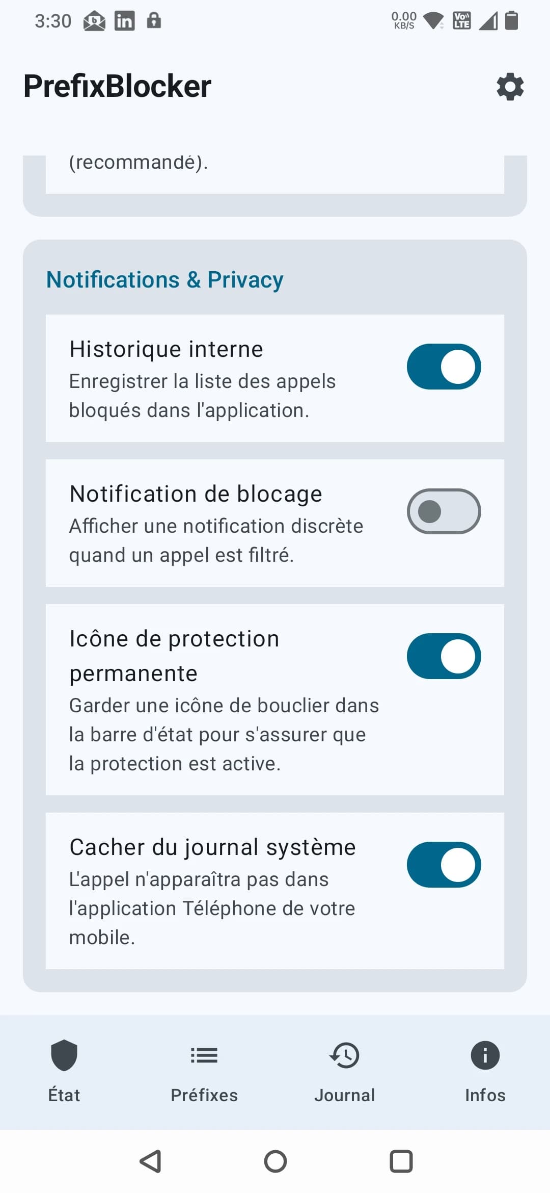 Réglages avancés des notifications, de l'historique et de la confidentialité
