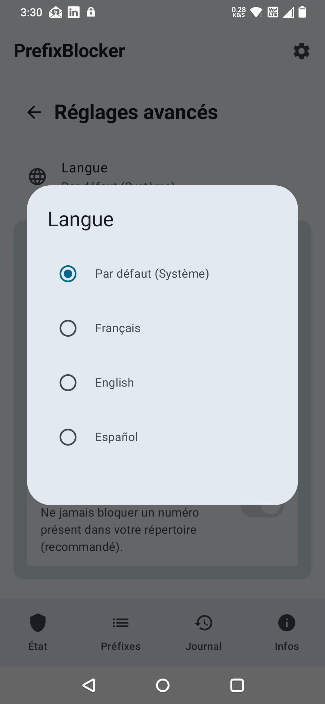 Fenêtre de sélection de la langue de PrefixBlocker